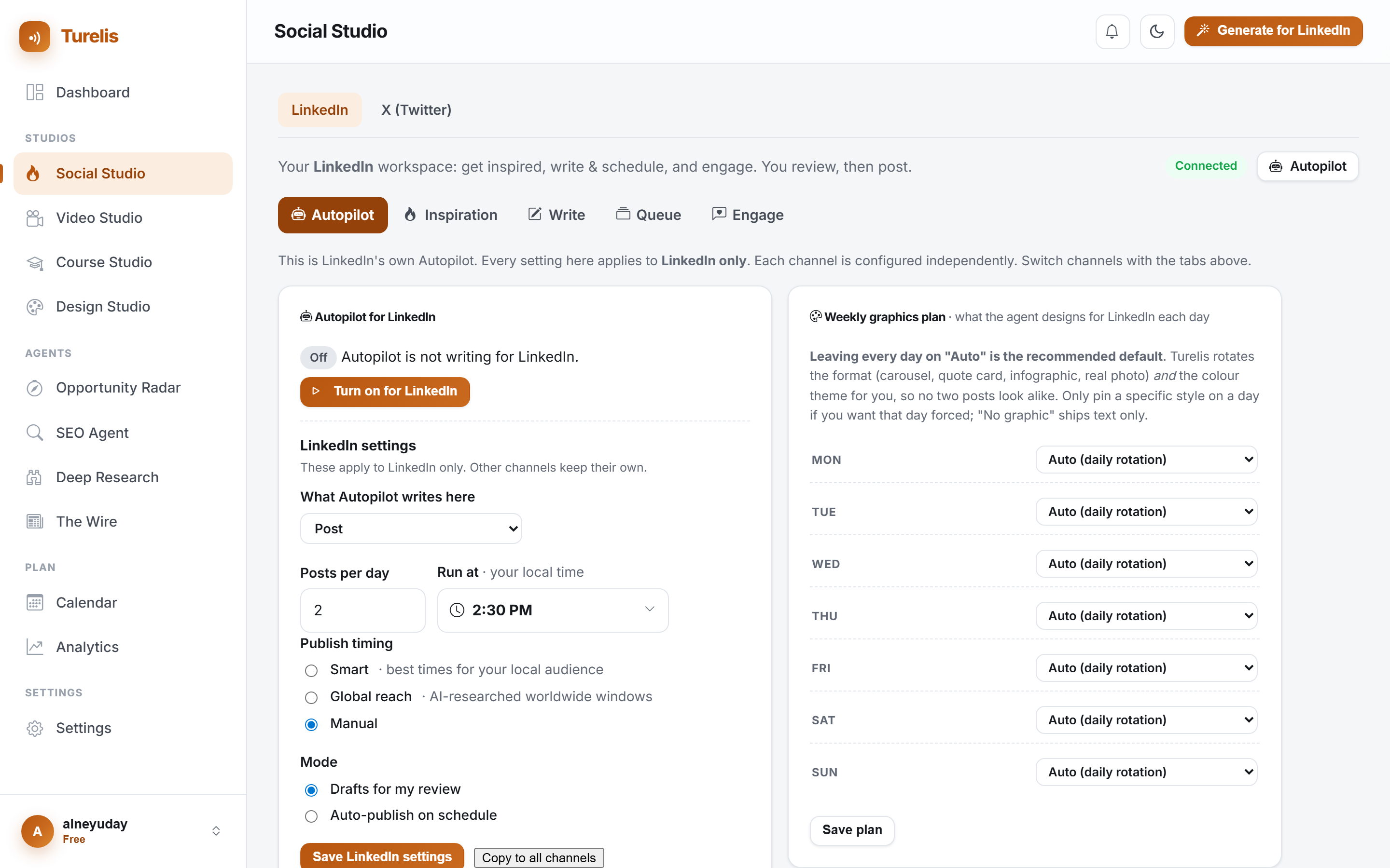 Social Studio autopilot writing and scheduling posts