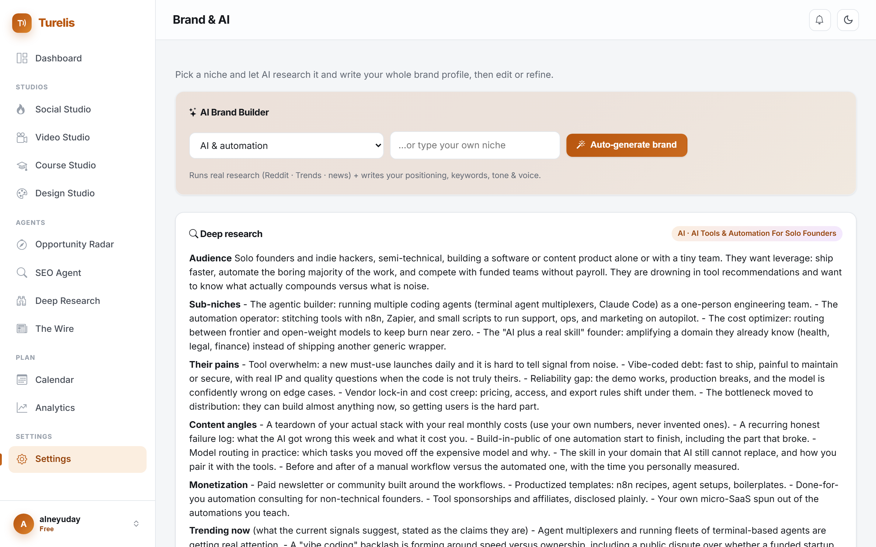 Turelis Brand & AI: pick a niche and the AI builds your voice, tone and angles