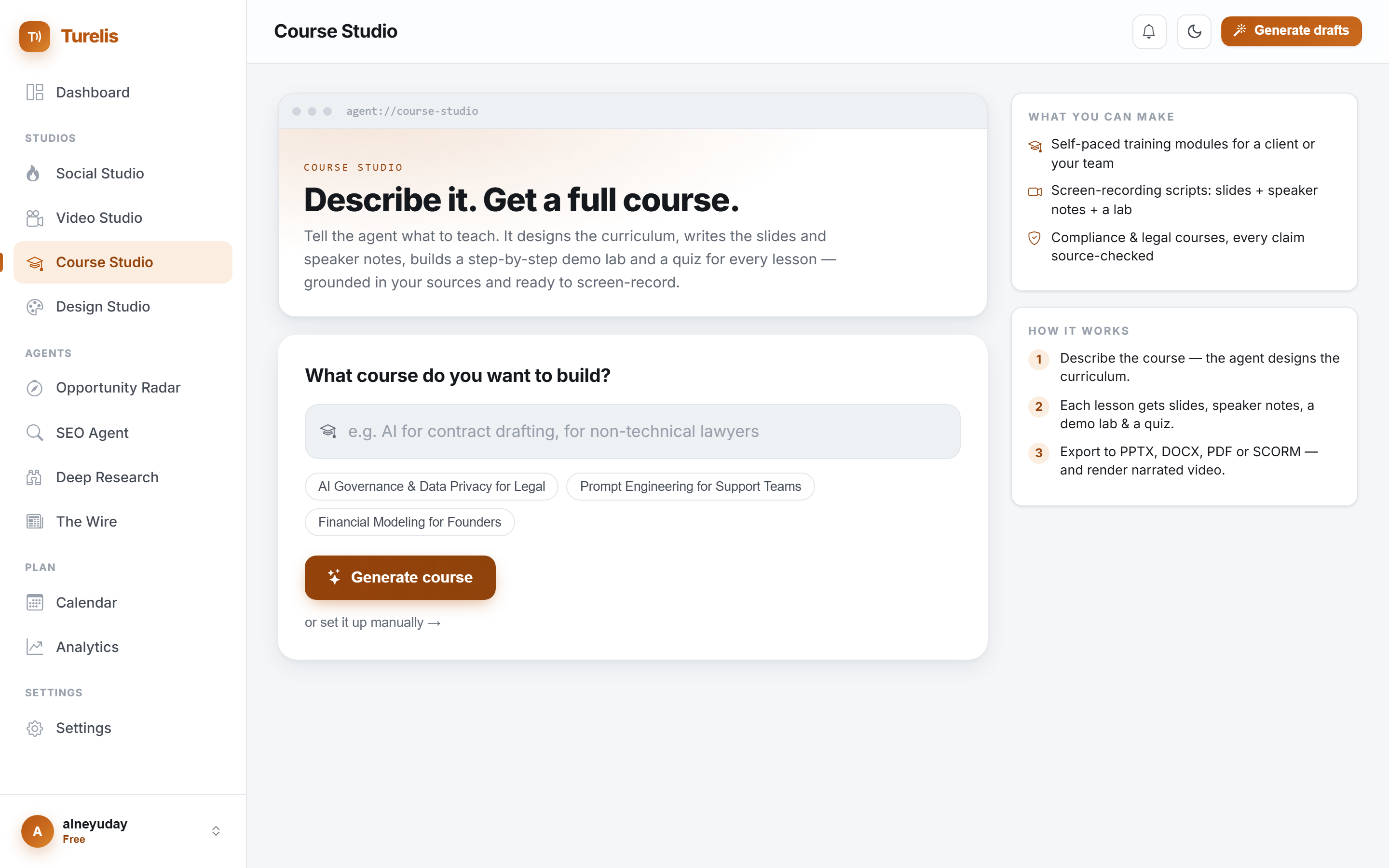 Course Studio in Turelis: a topic becomes a full self-paced course