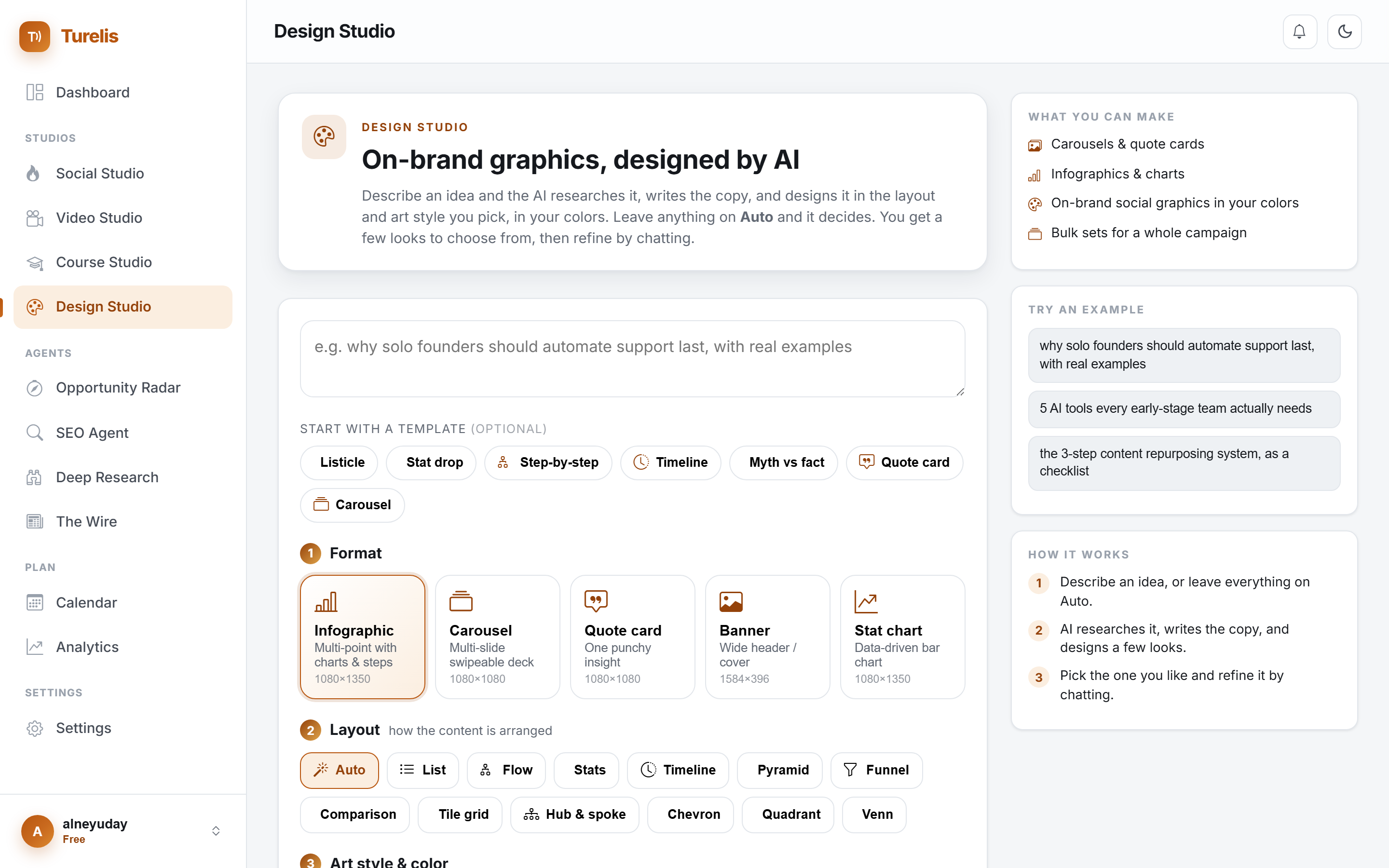 Design Studio in Turelis: on-brand AI graphics