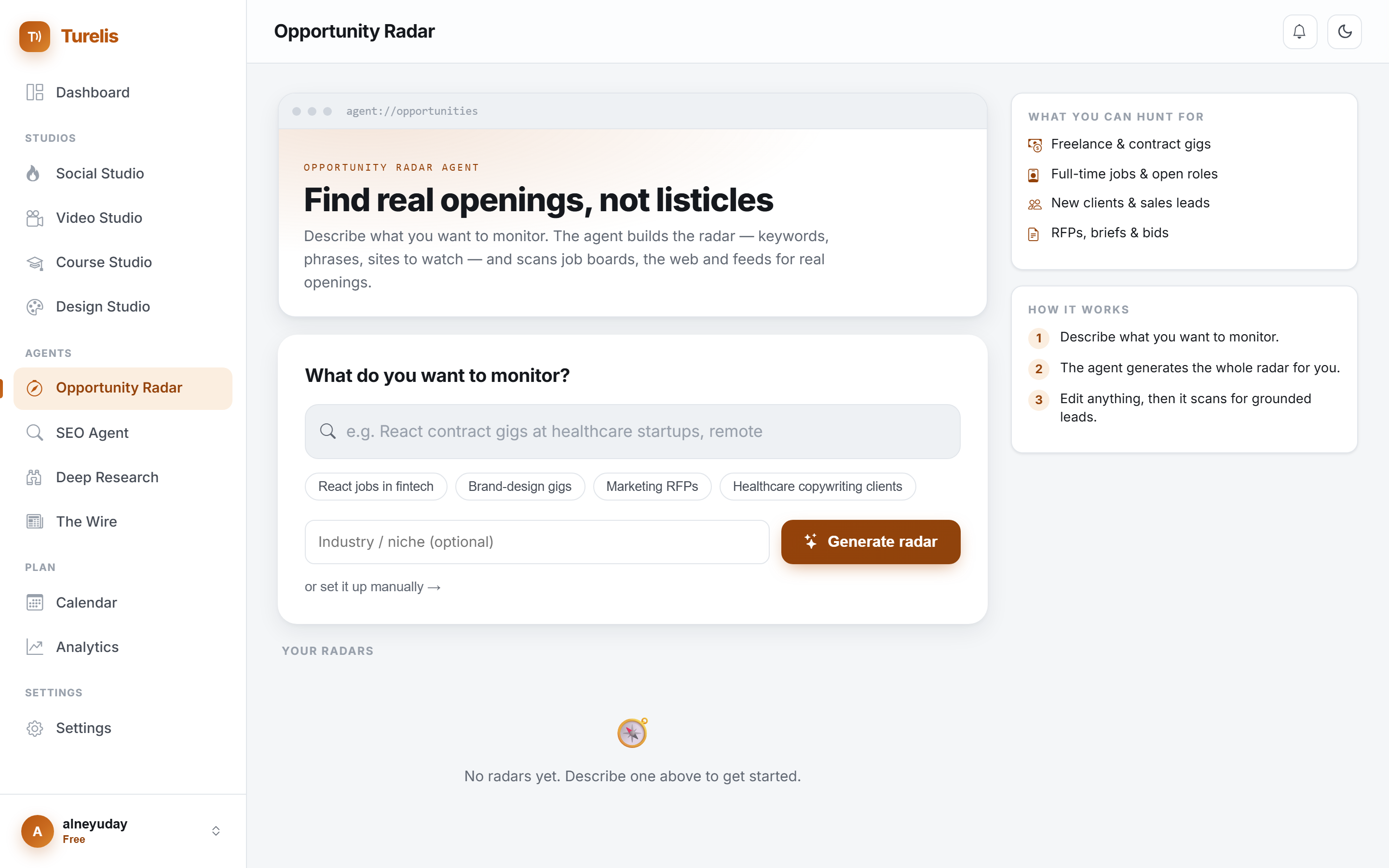 Opportunity Radar: find real openings in Turelis