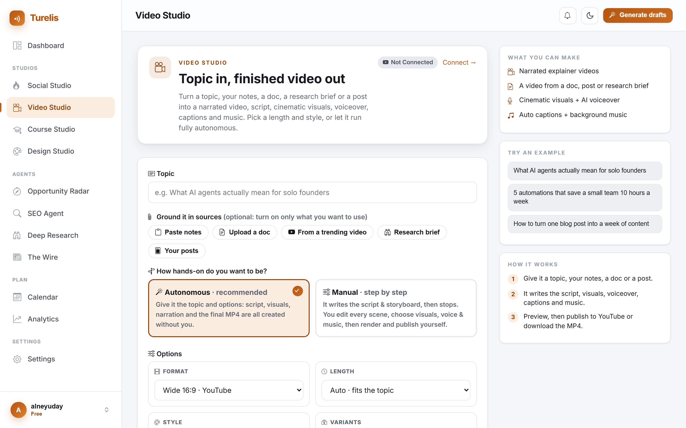 Video Studio in Turelis: topic to narrated video